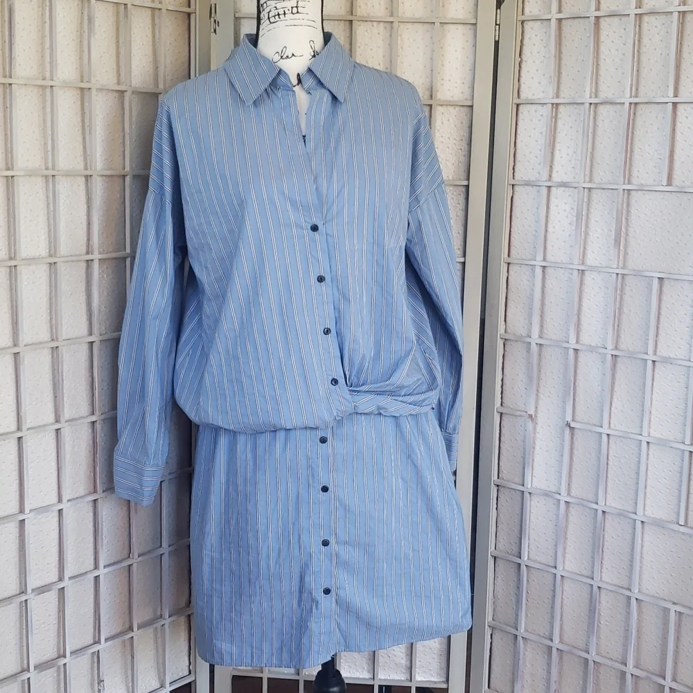 blue striped shirt dress zara STRIPED LINEN BLEND MIDI SHIRT DRESS